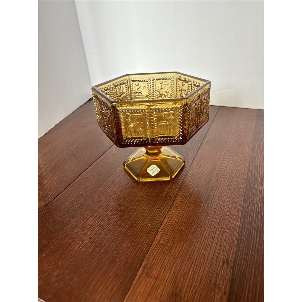 Vintage Imperial Glass Springerle Amber Pedestal Compote Candy Dish With Sticker